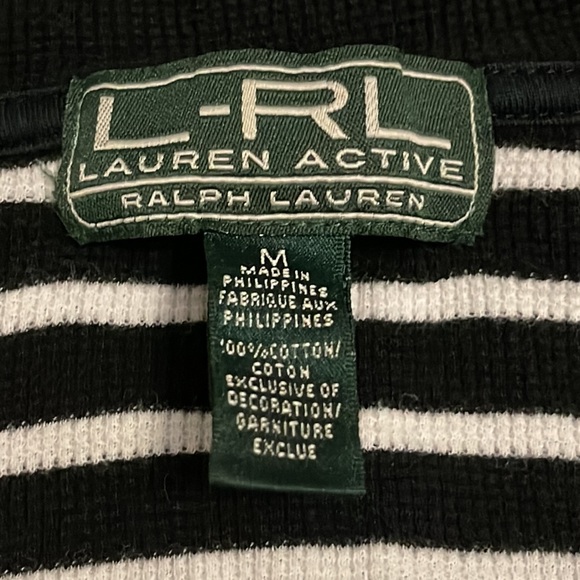 LAUREN ACTIVE-RALPH LAUREN Black-White Striped Long Sleeve Half-Zip Top Sz M - Picture 4 of 6